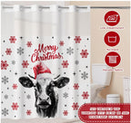 No Hook Christmas Shower Curtain, Double Layer With Snap-in Liner, Rustic Farm Cow With Xmas Hat