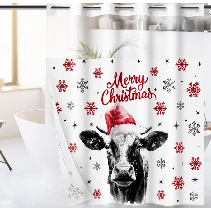 No Hook Christmas Shower Curtain, Double Layer With Snap-in Liner, Rustic Farm Cow With Xmas Hat