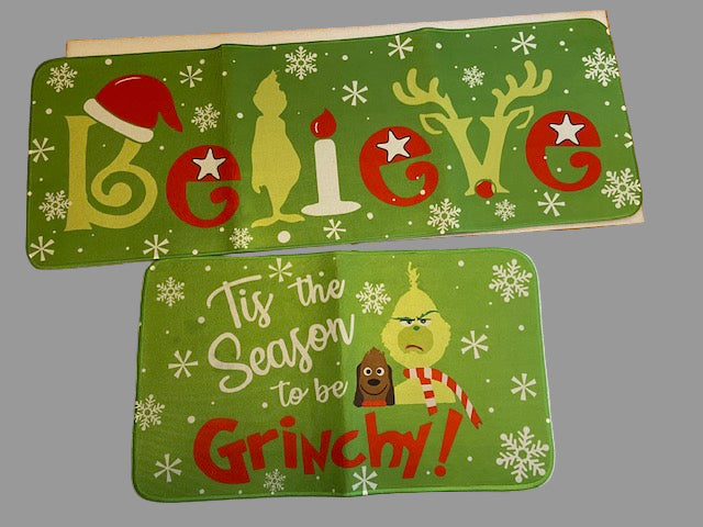 Set-of-2 Grinch Christmas Floor Mats, Non-Slip Soft Washable, Holiday Decor