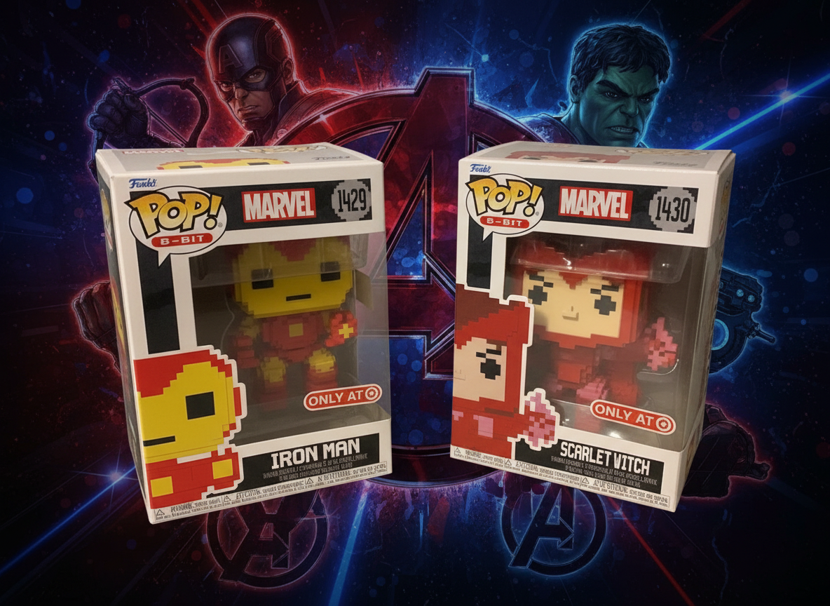 Funko Pop Marvel 8 bit Iron Man 1429 and Scarlet Witch 1430