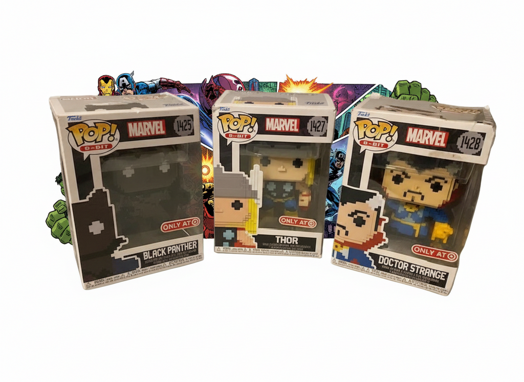 Funko Pop 8-bit Black Panther, Thor, and Dr Strange.