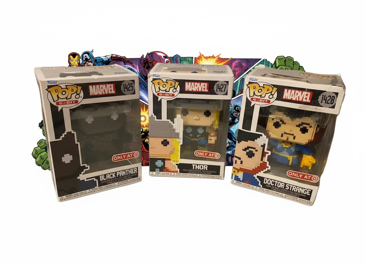 Funko Pop 8-bit Black Panther, Thor, and Dr Strange.