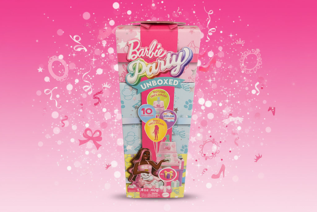 Barbie Party Unboxed Pet Birthday Series Doll & Accessories, Shimmerin’ Hearts Set with 10 Surprises