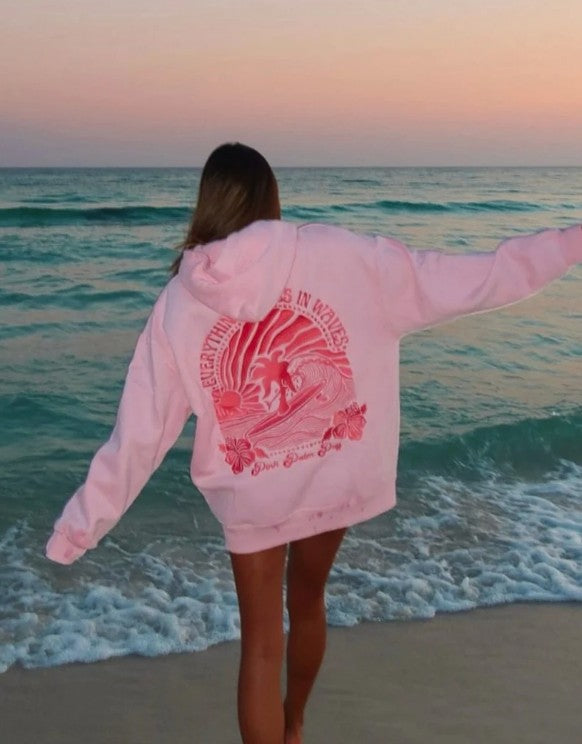 "Everything Comes in Waves" Hoodie in Pink
