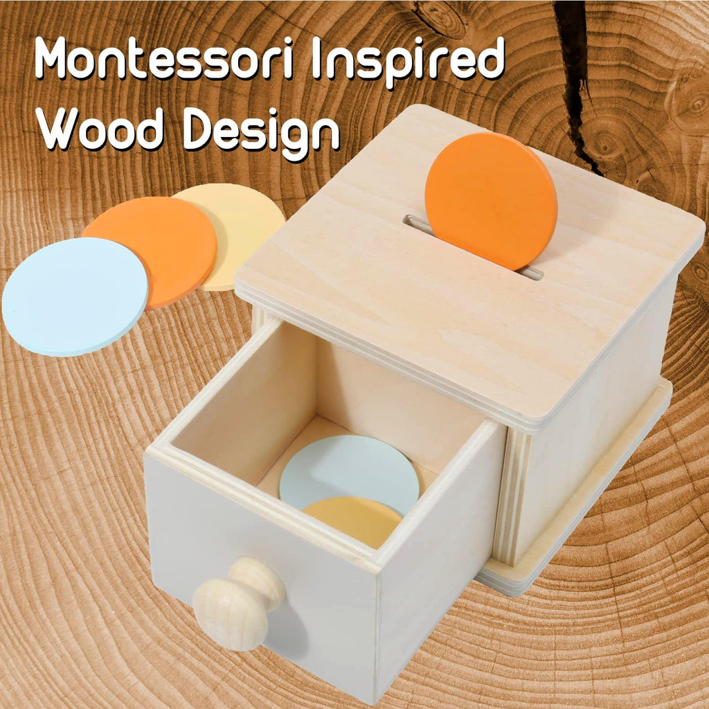 Montessori Baby Set: Coin Box, Object Permanence Box 2.0 and Spinning Rainbow Drum